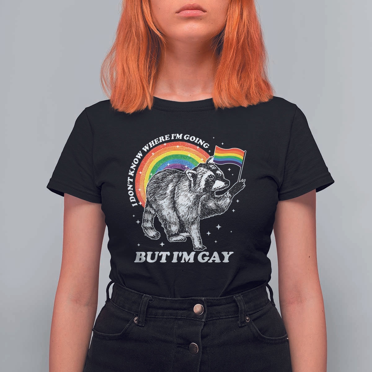 Funny Pride LGBT Racoon T Shirt For Women I Don't Know Where I'm Going But I'm Gay Rainbow