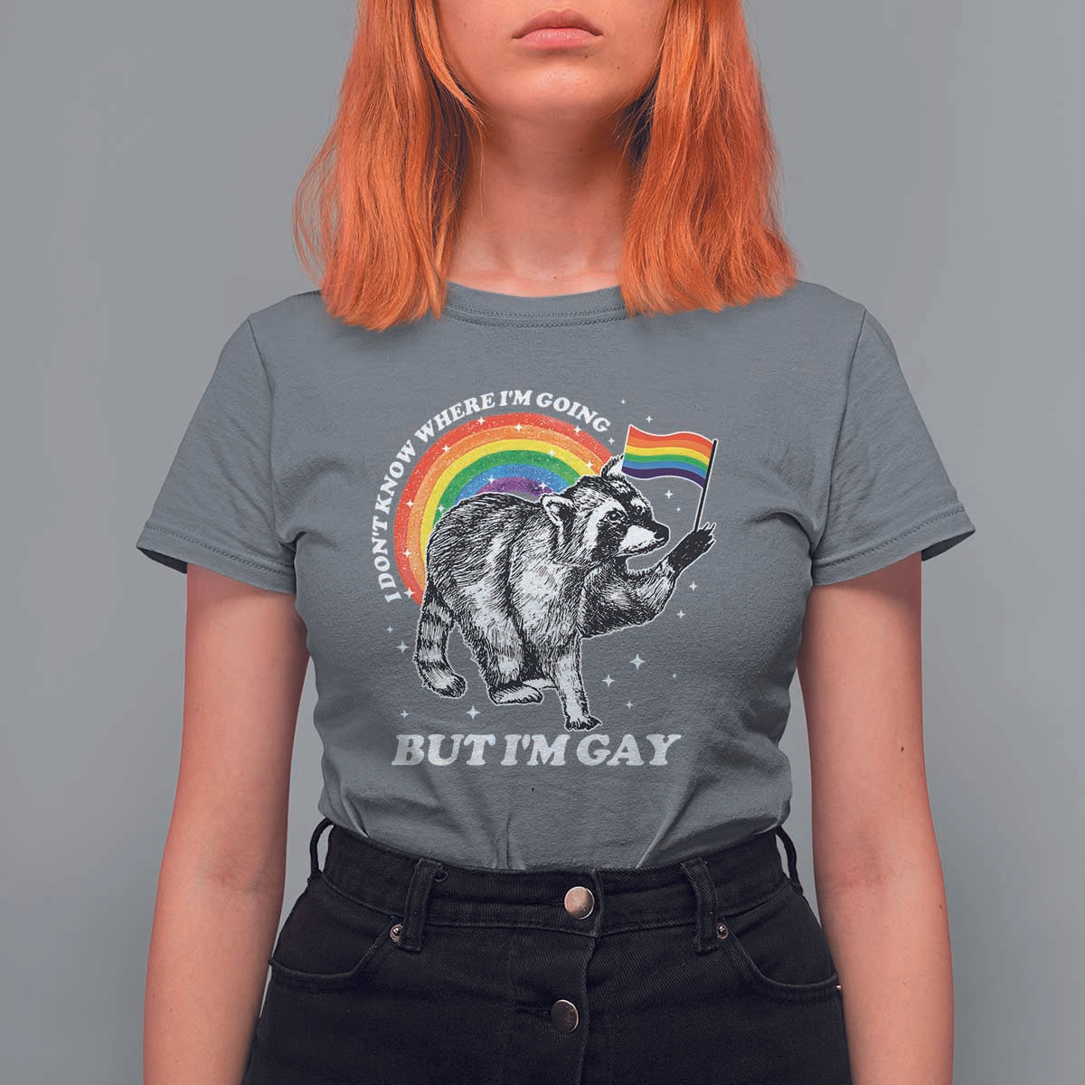 Funny Pride LGBT Racoon T Shirt For Women I Don't Know Where I'm Going But I'm Gay Rainbow