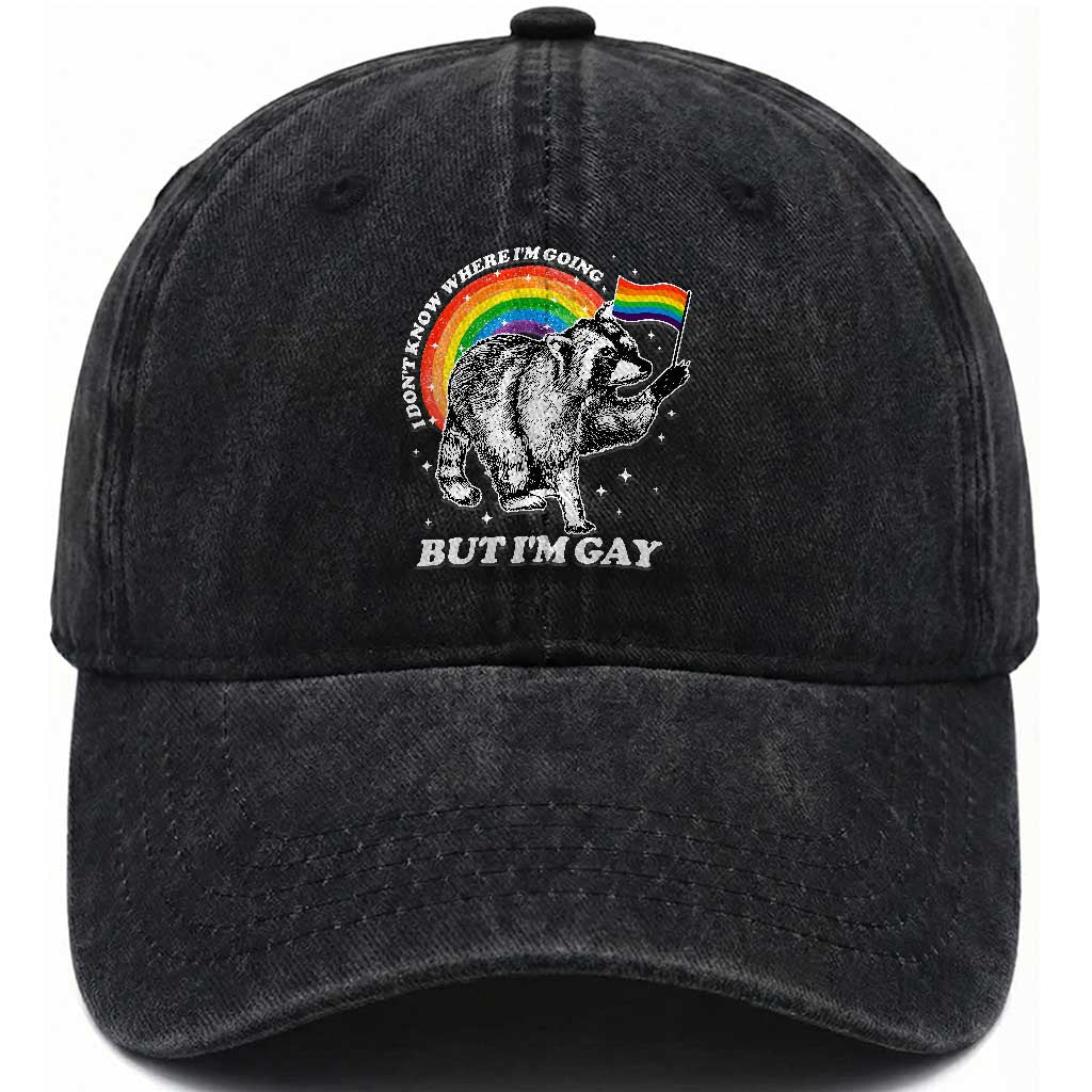 Funny Pride LGBT Racoon Washed Cotton Baseball Cap I Don't Know Where I'm Going But I'm Gay Rainbow