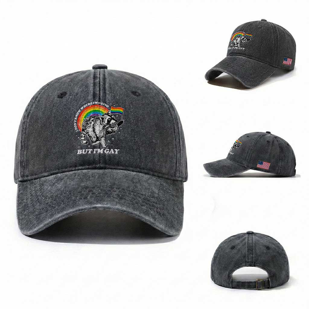 Funny Pride LGBT Racoon Washed Cotton Baseball Cap I Don't Know Where I'm Going But I'm Gay Rainbow