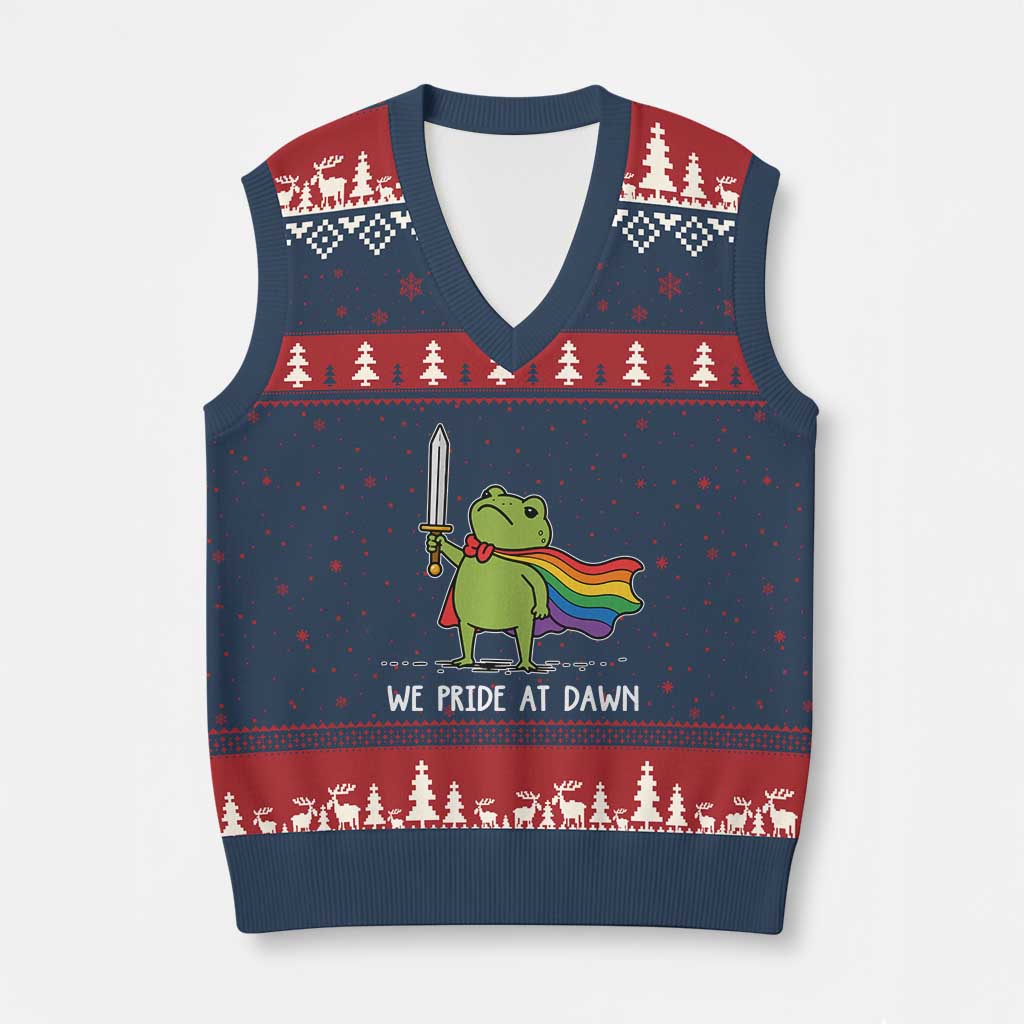 We Pride At Dawn V-Neck Knit Sweater Vest Funny LGBT Frog Rainbow Pride Month