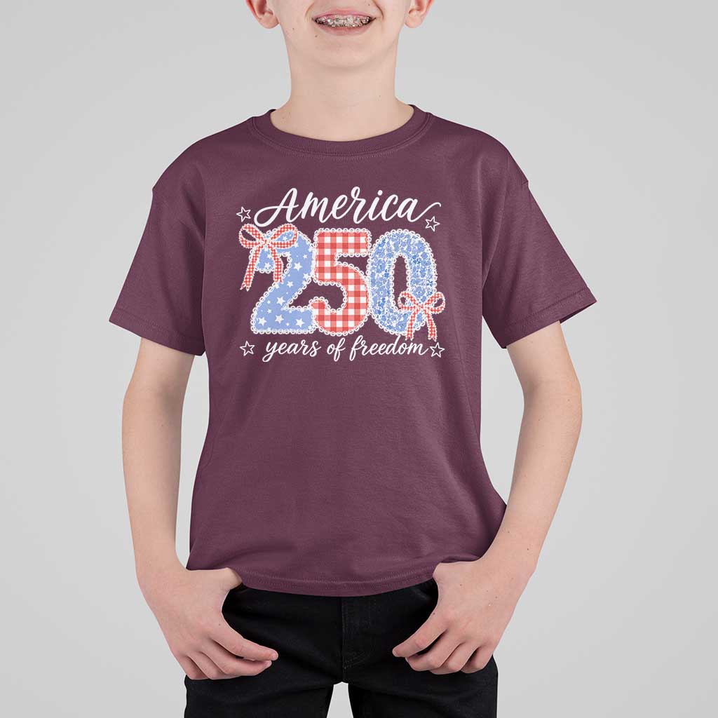 Girly America 250 Years Of Freedom T Shirt For Kid 4th of July Coquette Bow