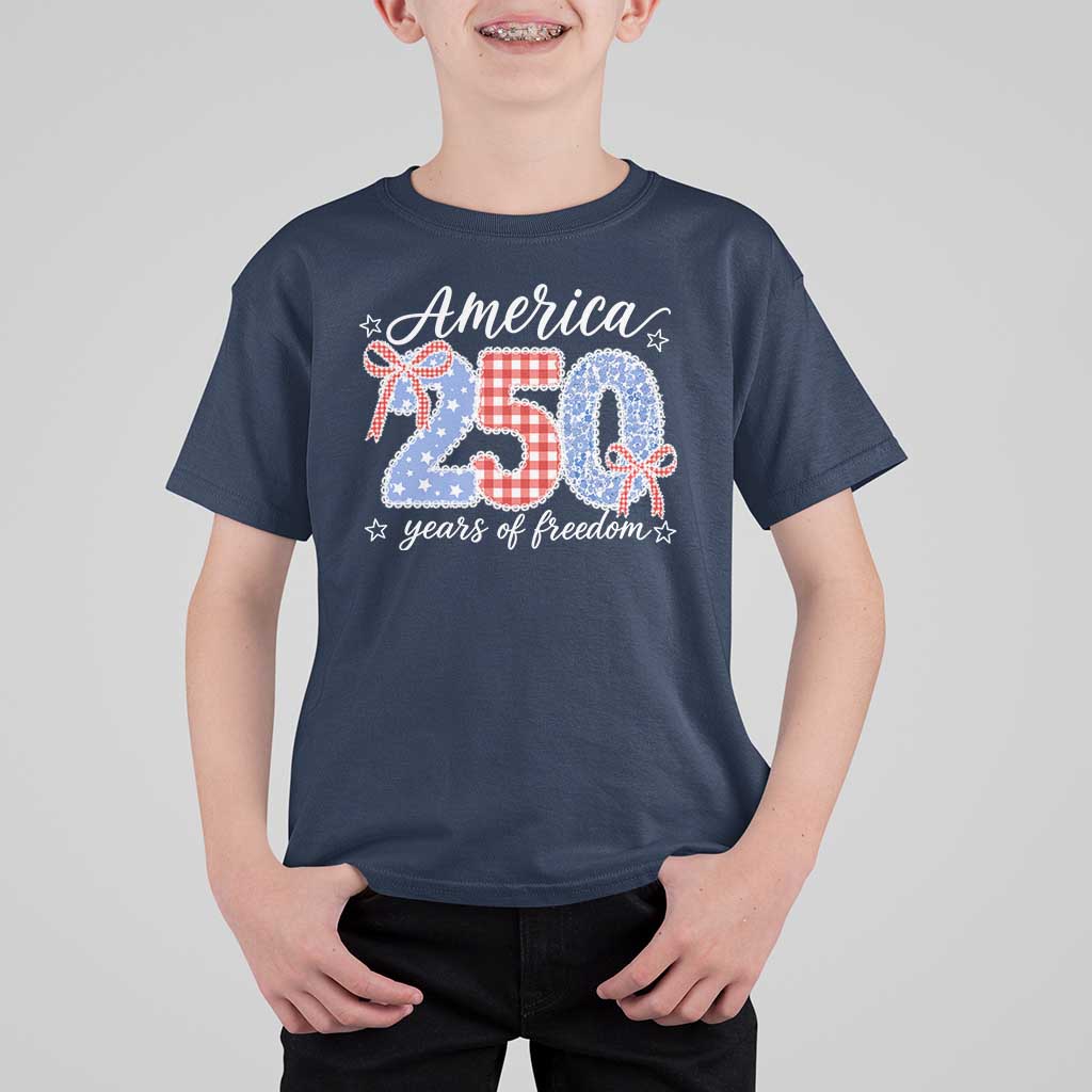 Girly America 250 Years Of Freedom T Shirt For Kid 4th of July Coquette Bow