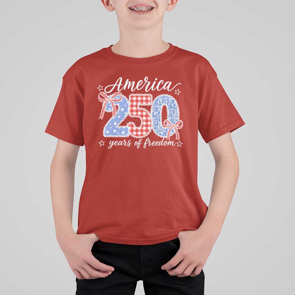 Girly America 250 Years Of Freedom T Shirt For Kid 4th of July Coquette Bow