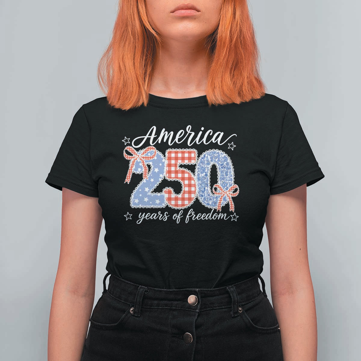 Girly America 250 Years Of Freedom T Shirt For Women 4th of July Coquette Bow
