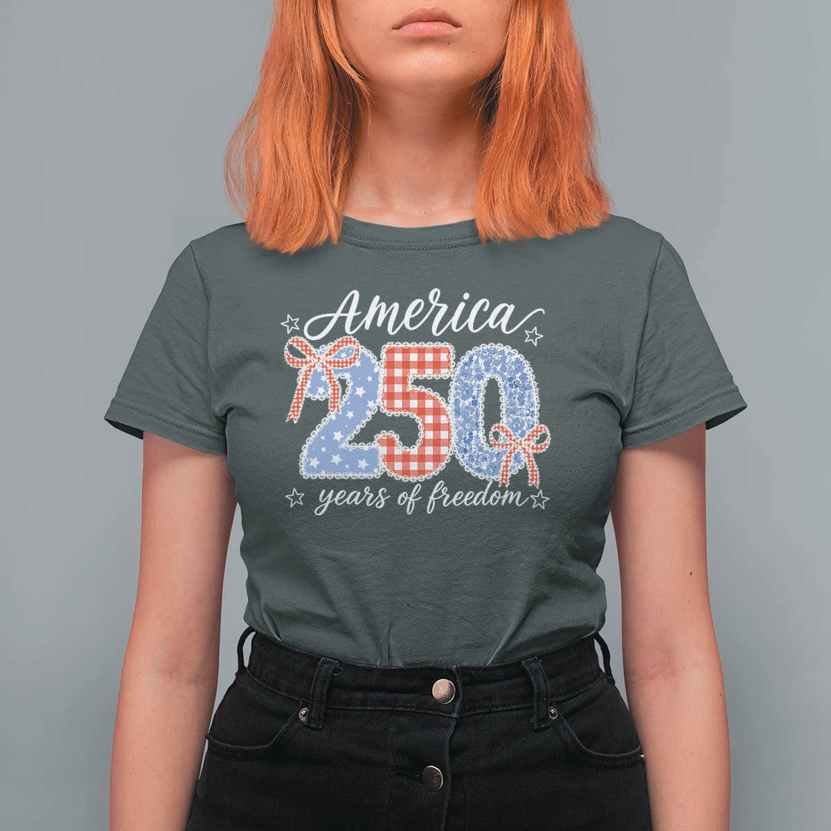 Girly America 250 Years Of Freedom T Shirt For Women 4th of July Coquette Bow