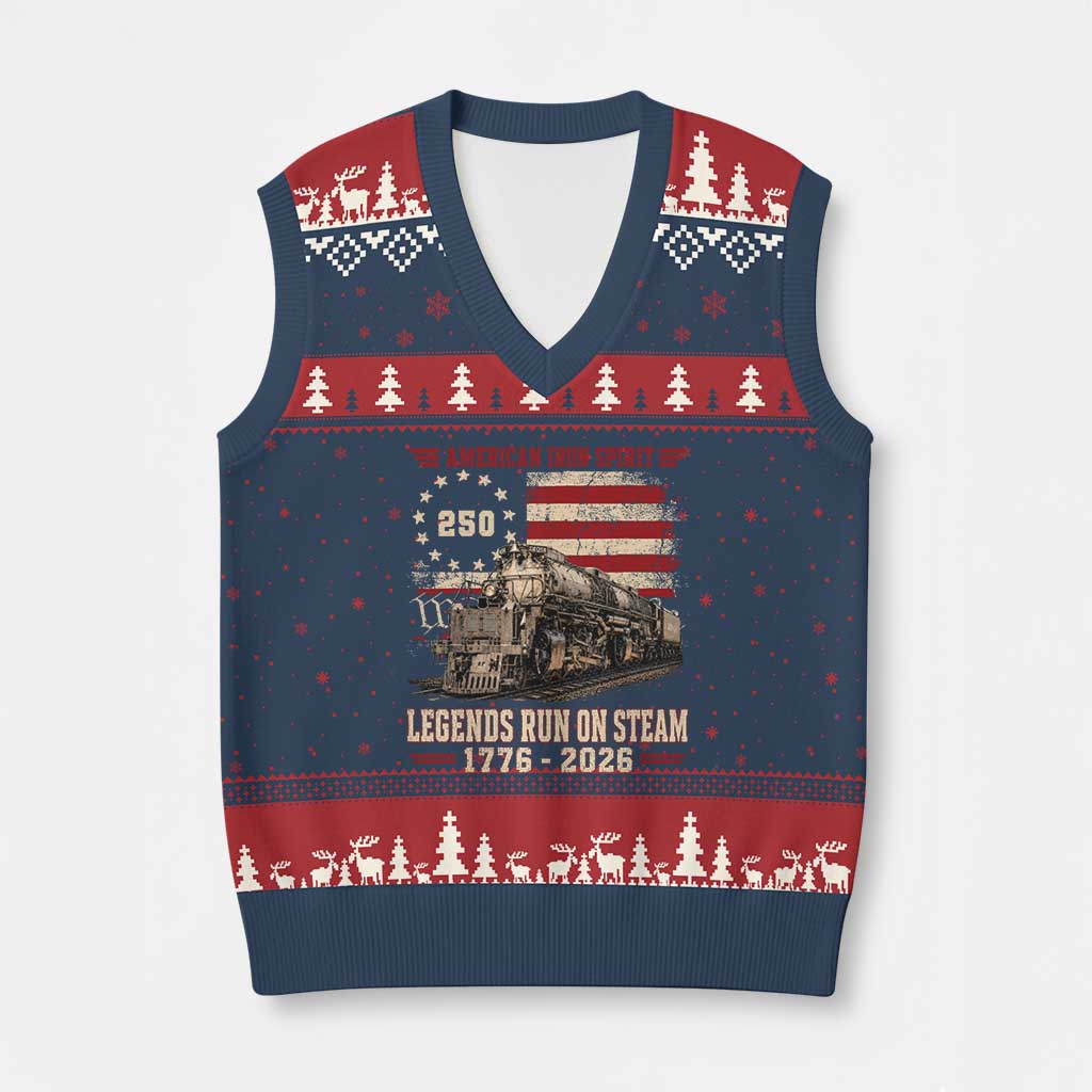 Train USA 250th Anniversary V-Neck Knit Sweater Vest American Iron Spirit Steam Locomotive Railroad Train Engine