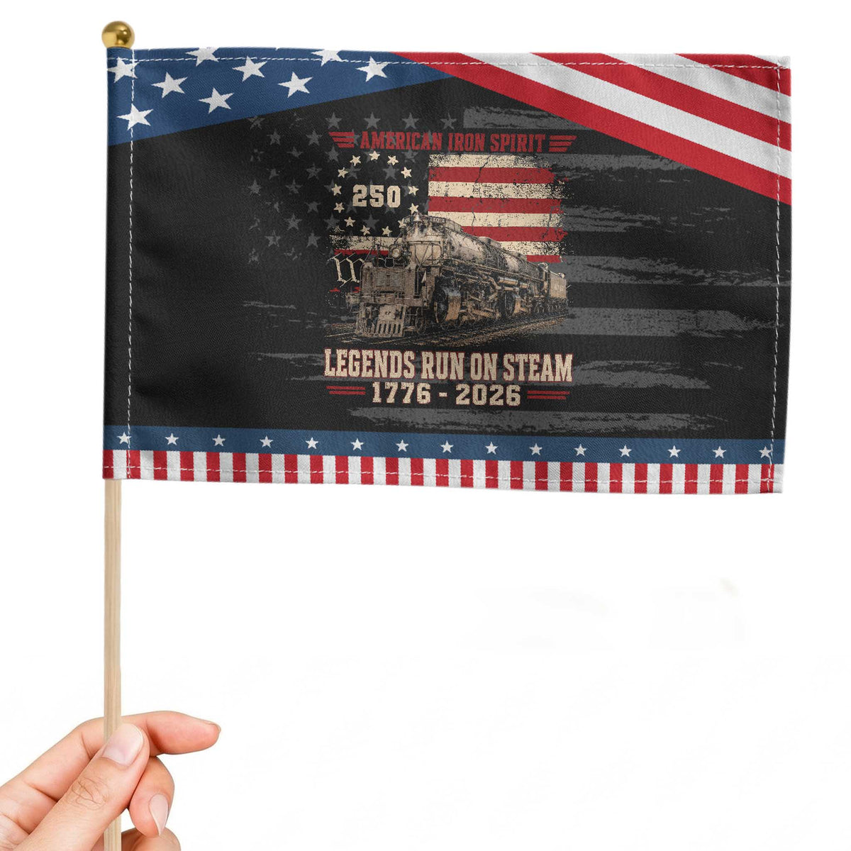 Train USA 250th Anniversary Patriotic Handheld Flag American Iron Spirit Steam Locomotive Railroad Train Engine