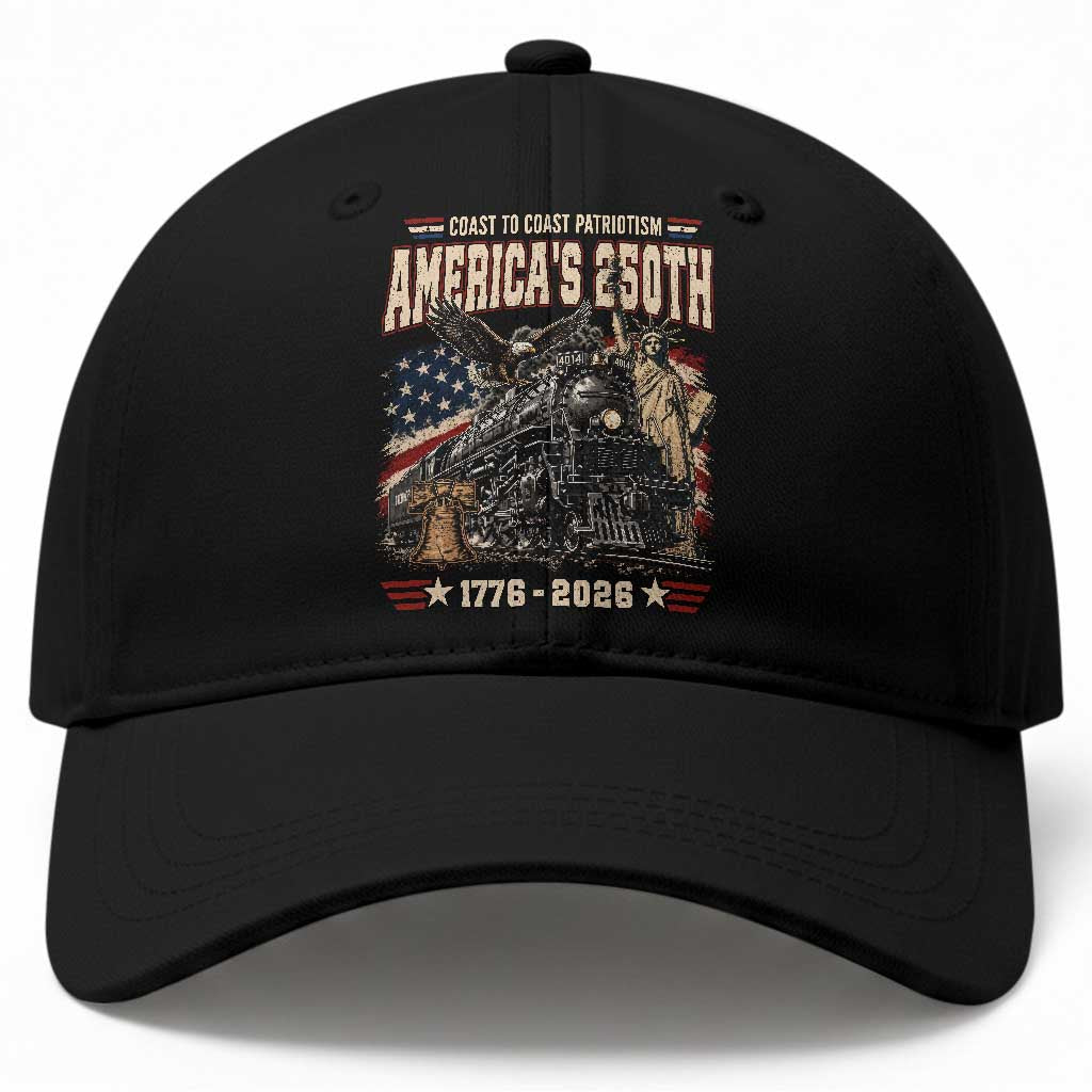 Steam Locomotive Train USA 250th Anniversary Baseball Cap Coast To Coast Patriotism Liberty American Flag