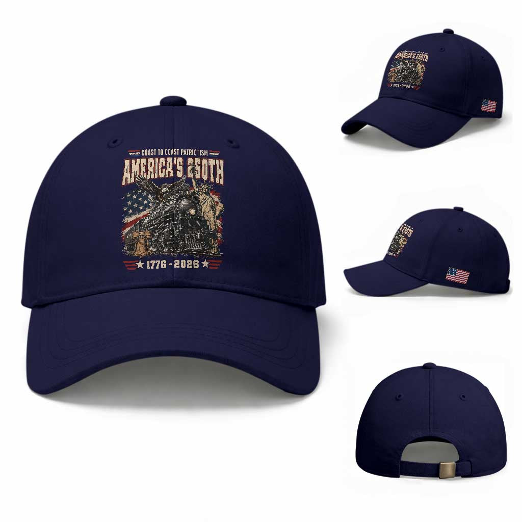 Steam Locomotive Train USA 250th Anniversary Baseball Cap Coast To Coast Patriotism Liberty American Flag