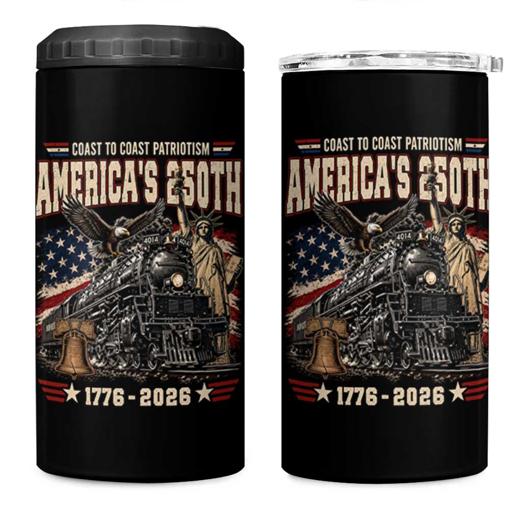 Steam Locomotive Train USA 250th Anniversary 4 in 1 Can Cooler Tumbler Coast To Coast Patriotism Liberty American Flag