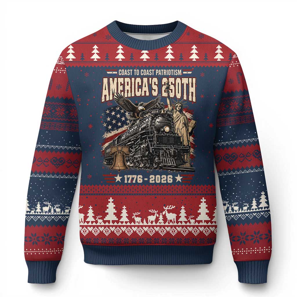 Steam Locomotive Train USA 250th Anniversary Ugly Christmas Sweater Coast To Coast Patriotism Liberty American Flag