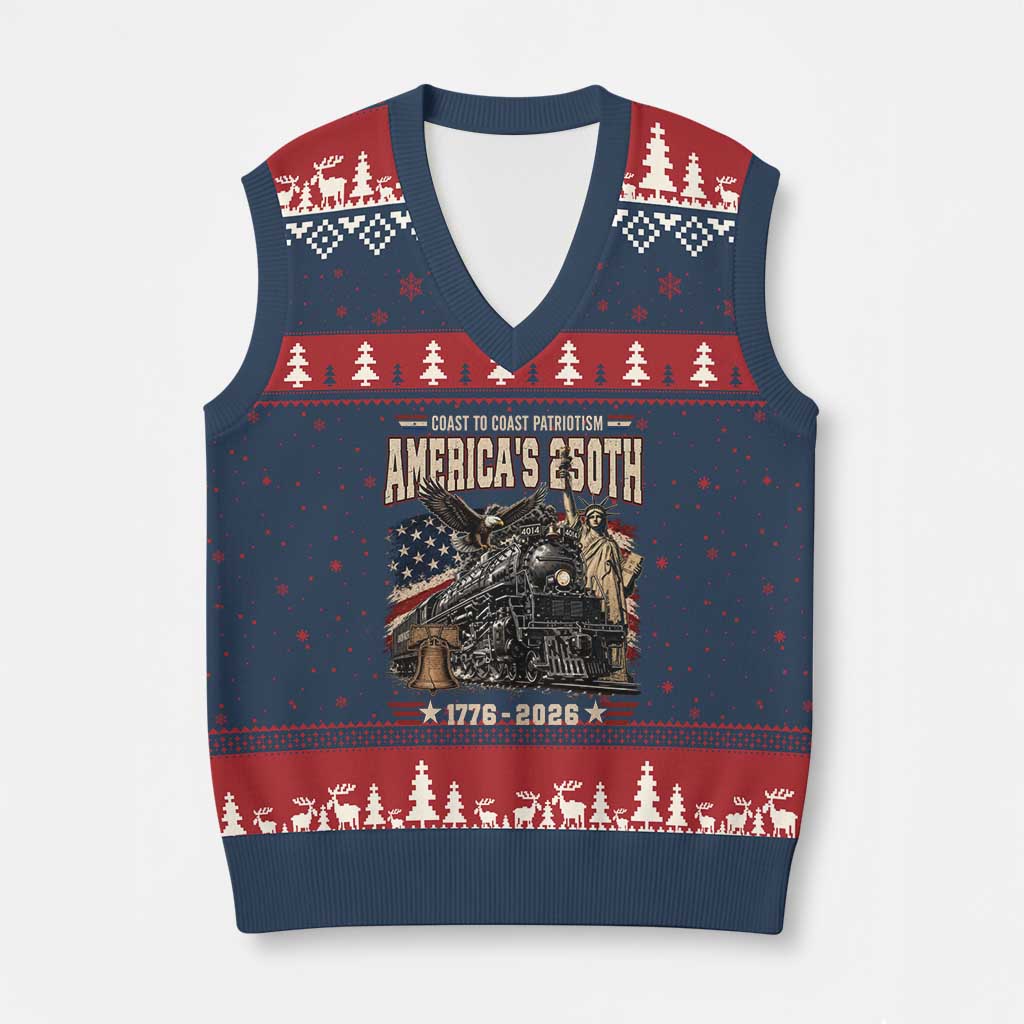 Steam Locomotive Train USA 250th Anniversary V-Neck Knit Sweater Vest Coast To Coast Patriotism Liberty American Flag