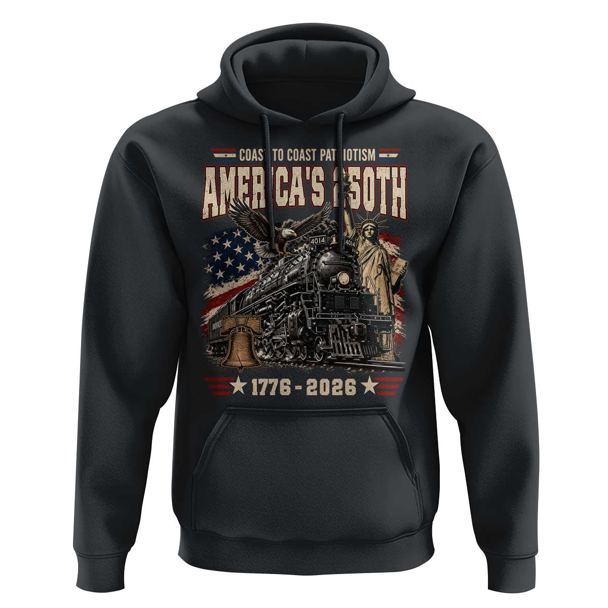 Steam Locomotive Train USA 250th Anniversary Hoodie Coast To Coast Patriotism Liberty American Flag