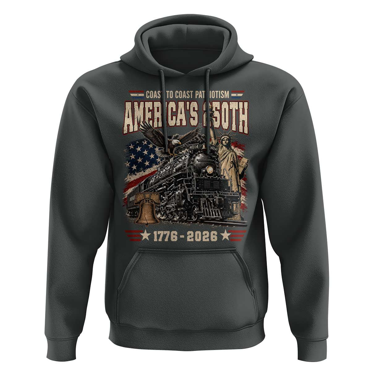 Steam Locomotive Train USA 250th Anniversary Hoodie Coast To Coast Patriotism Liberty American Flag