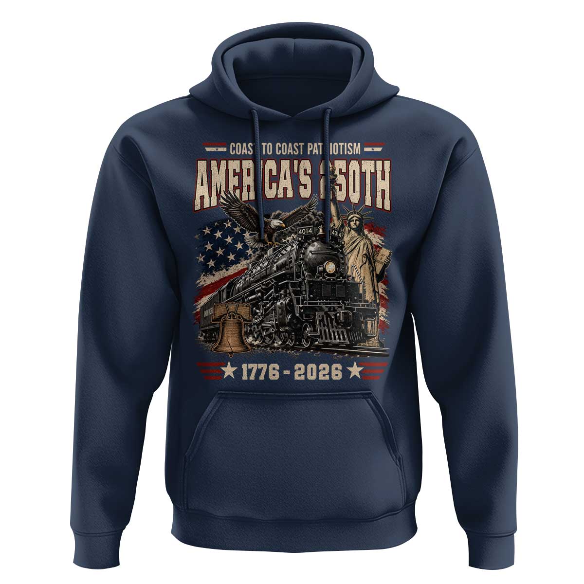 Steam Locomotive Train USA 250th Anniversary Hoodie Coast To Coast Patriotism Liberty American Flag