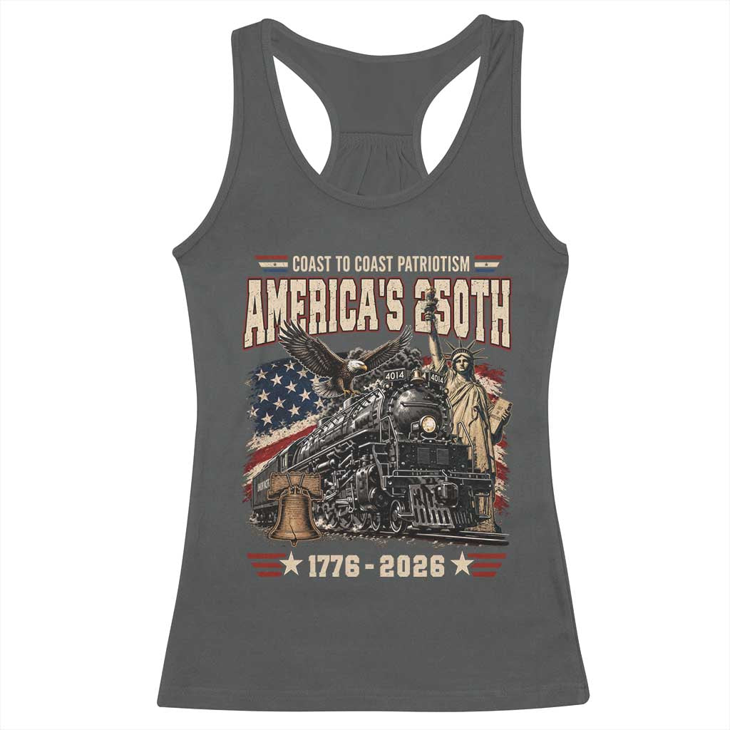 Steam Locomotive Train USA 250th Anniversary Racerback Tank Top Coast To Coast Patriotism Liberty American Flag