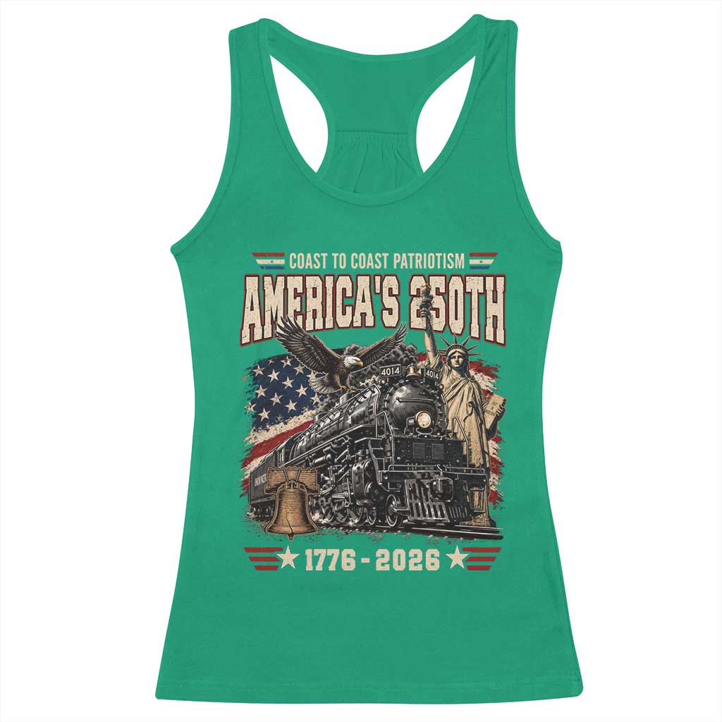 Steam Locomotive Train USA 250th Anniversary Racerback Tank Top Coast To Coast Patriotism Liberty American Flag