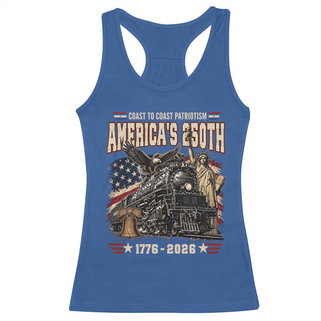 Steam Locomotive Train USA 250th Anniversary Racerback Tank Top Coast To Coast Patriotism Liberty American Flag