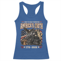 Steam Locomotive Train USA 250th Anniversary Racerback Tank Top Coast To Coast Patriotism Liberty American Flag