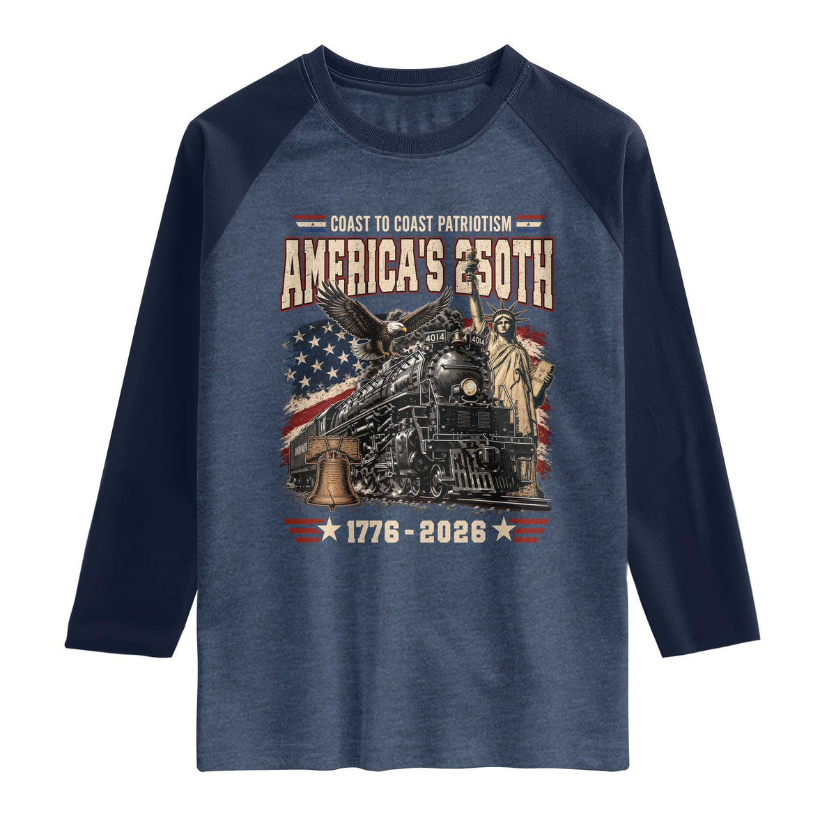 Steam Locomotive Train USA 250th Anniversary Raglan Shirt Coast To Coast Patriotism Liberty American Flag