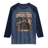 Steam Locomotive Train USA 250th Anniversary Raglan Shirt Coast To Coast Patriotism Liberty American Flag