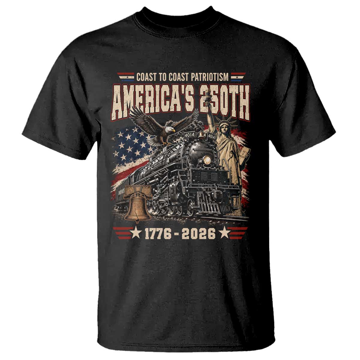 Steam Locomotive Train USA 250th Anniversary T Shirt Coast To Coast Patriotism Liberty American Flag