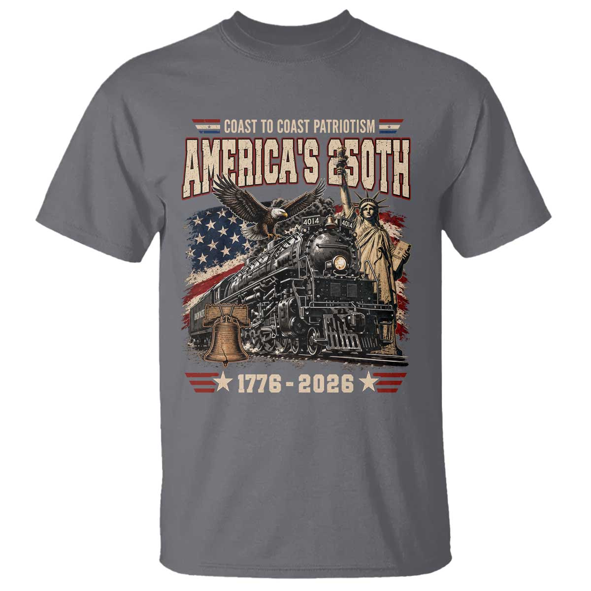Steam Locomotive Train USA 250th Anniversary T Shirt Coast To Coast Patriotism Liberty American Flag