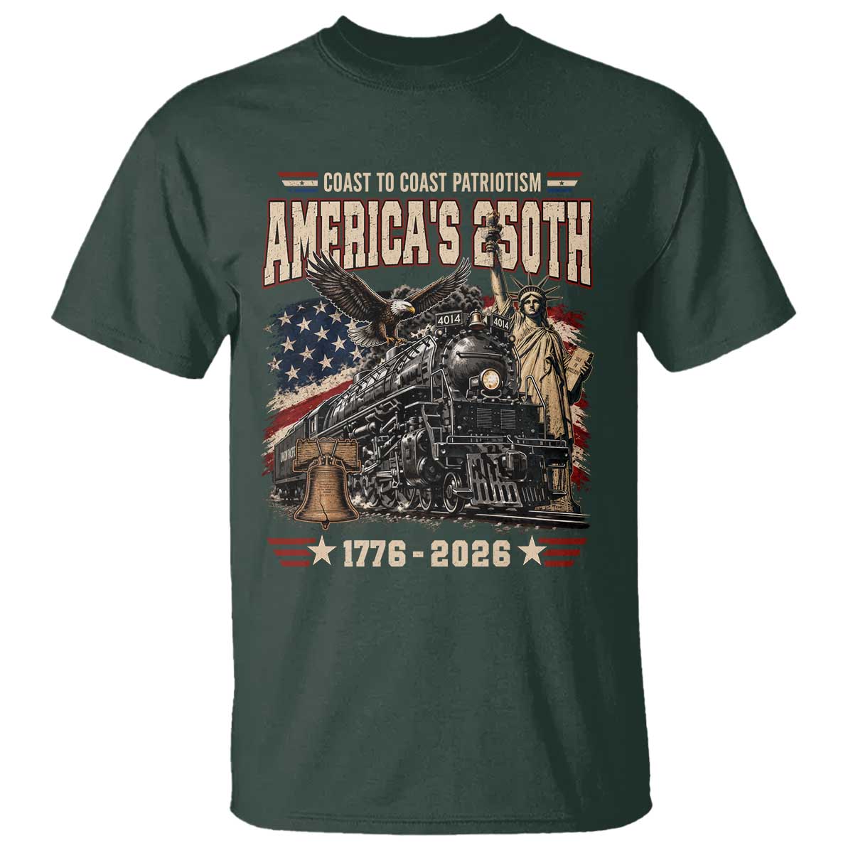 Steam Locomotive Train USA 250th Anniversary T Shirt Coast To Coast Patriotism Liberty American Flag