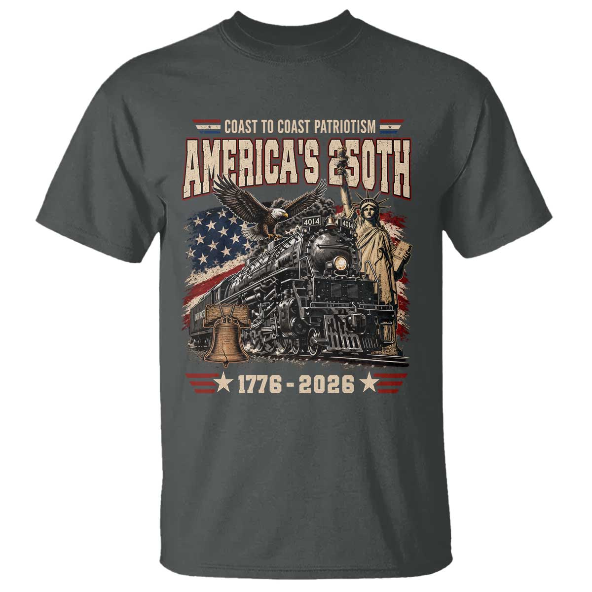 Steam Locomotive Train USA 250th Anniversary T Shirt Coast To Coast Patriotism Liberty American Flag