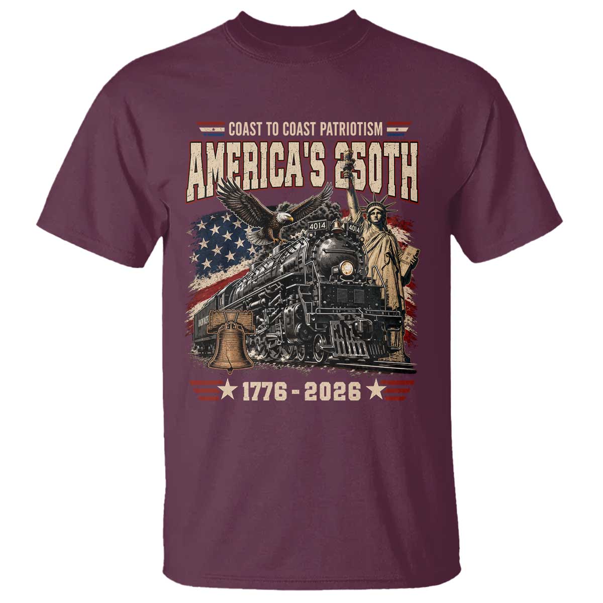 Steam Locomotive Train USA 250th Anniversary T Shirt Coast To Coast Patriotism Liberty American Flag