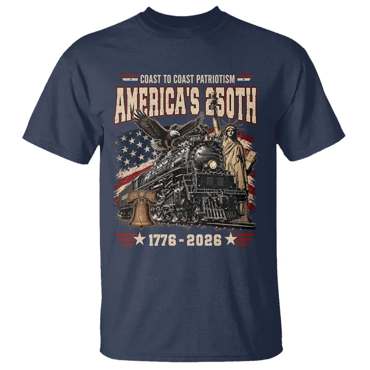 Steam Locomotive Train USA 250th Anniversary T Shirt Coast To Coast Patriotism Liberty American Flag