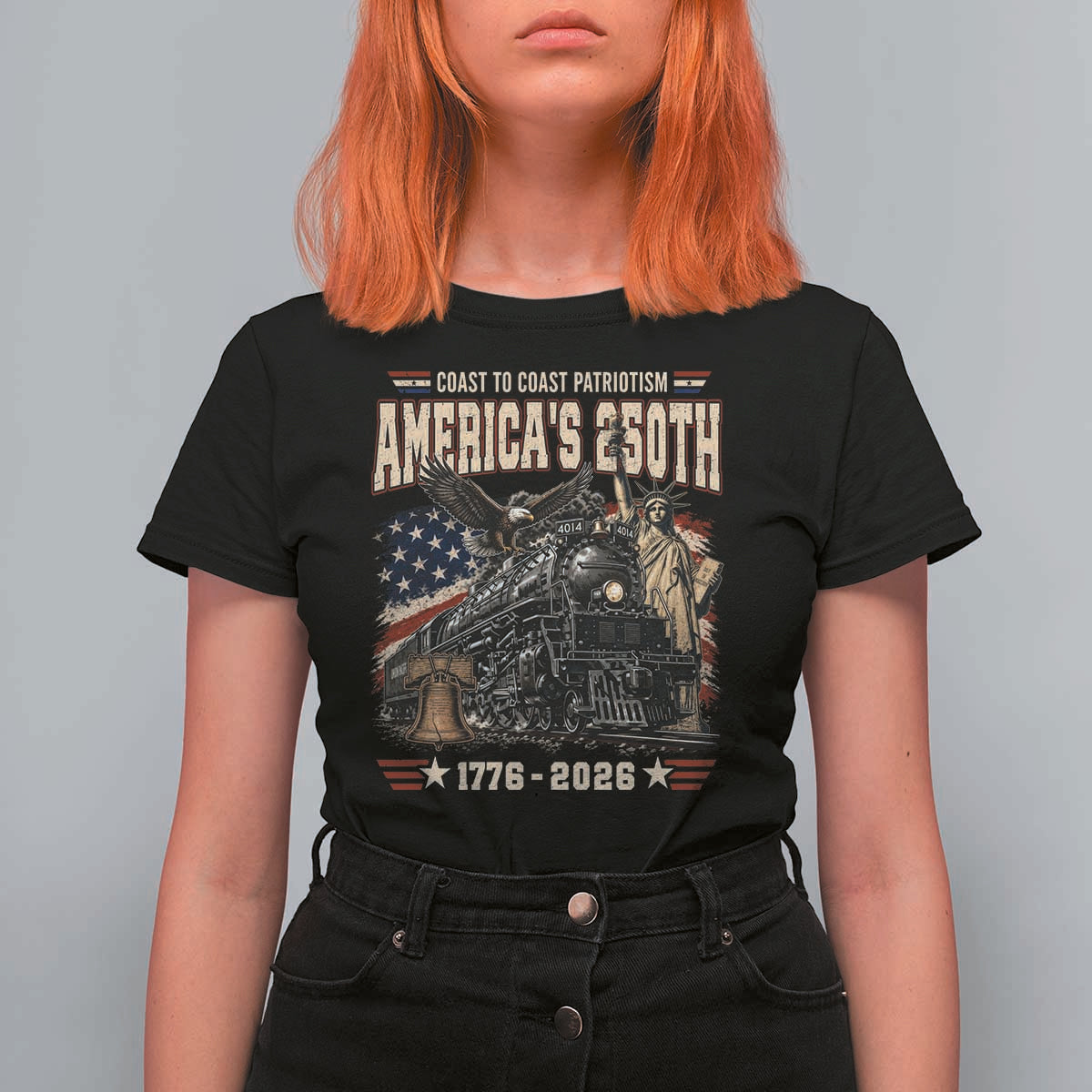 Steam Locomotive Train USA 250th Anniversary T Shirt For Women Coast To Coast Patriotism Liberty American Flag