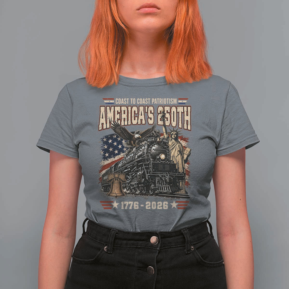Steam Locomotive Train USA 250th Anniversary T Shirt For Women Coast To Coast Patriotism Liberty American Flag