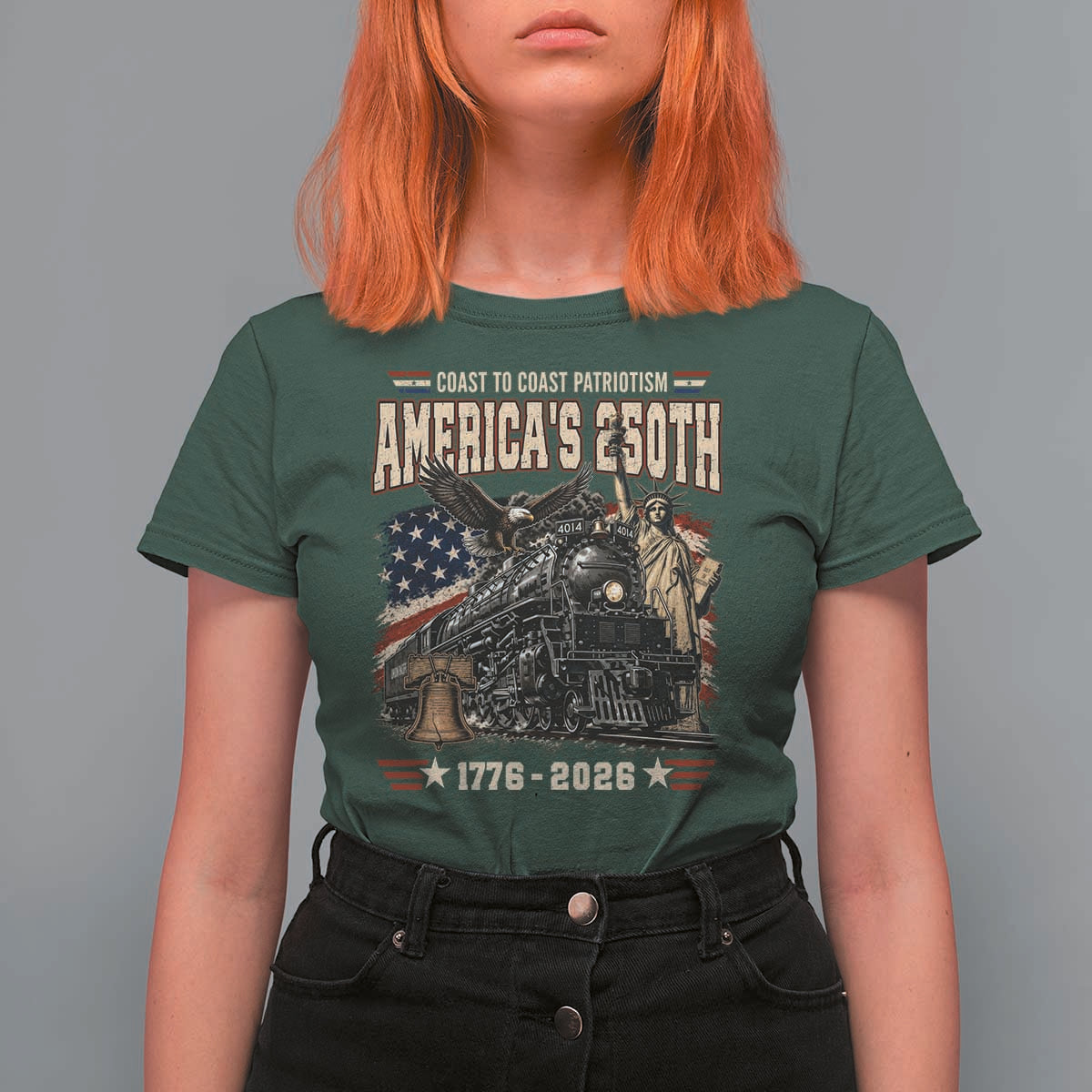 Steam Locomotive Train USA 250th Anniversary T Shirt For Women Coast To Coast Patriotism Liberty American Flag