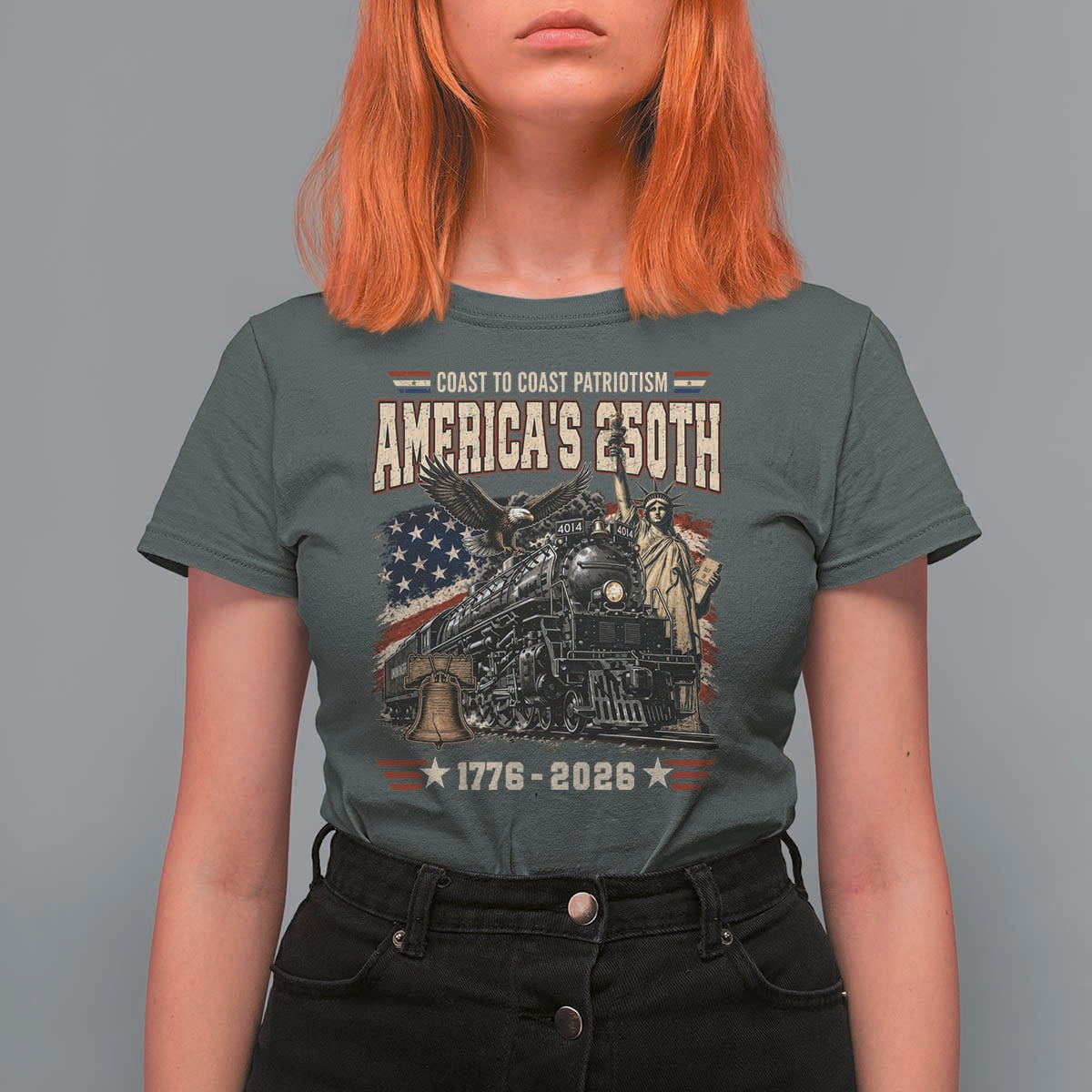 Steam Locomotive Train USA 250th Anniversary T Shirt For Women Coast To Coast Patriotism Liberty American Flag