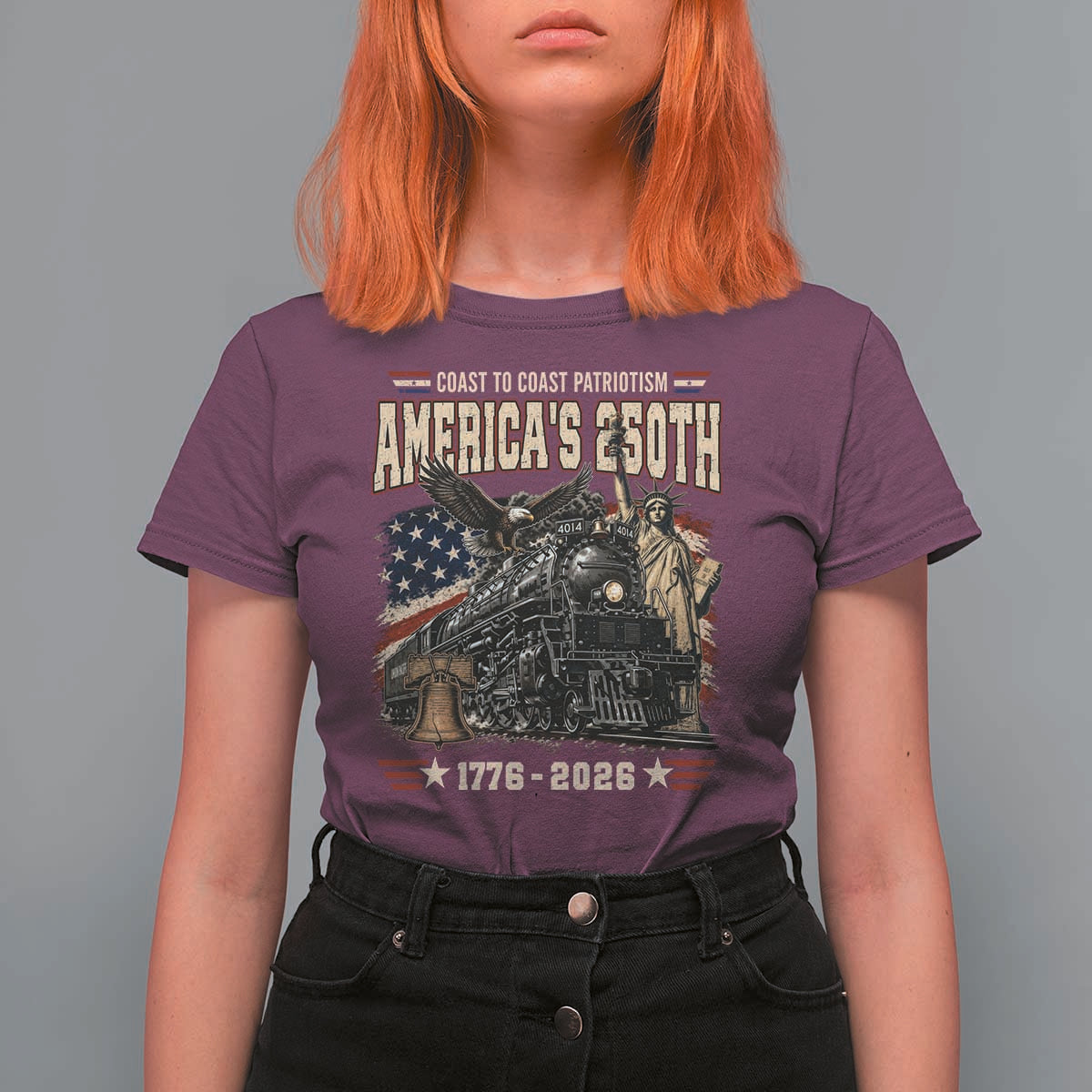 Steam Locomotive Train USA 250th Anniversary T Shirt For Women Coast To Coast Patriotism Liberty American Flag
