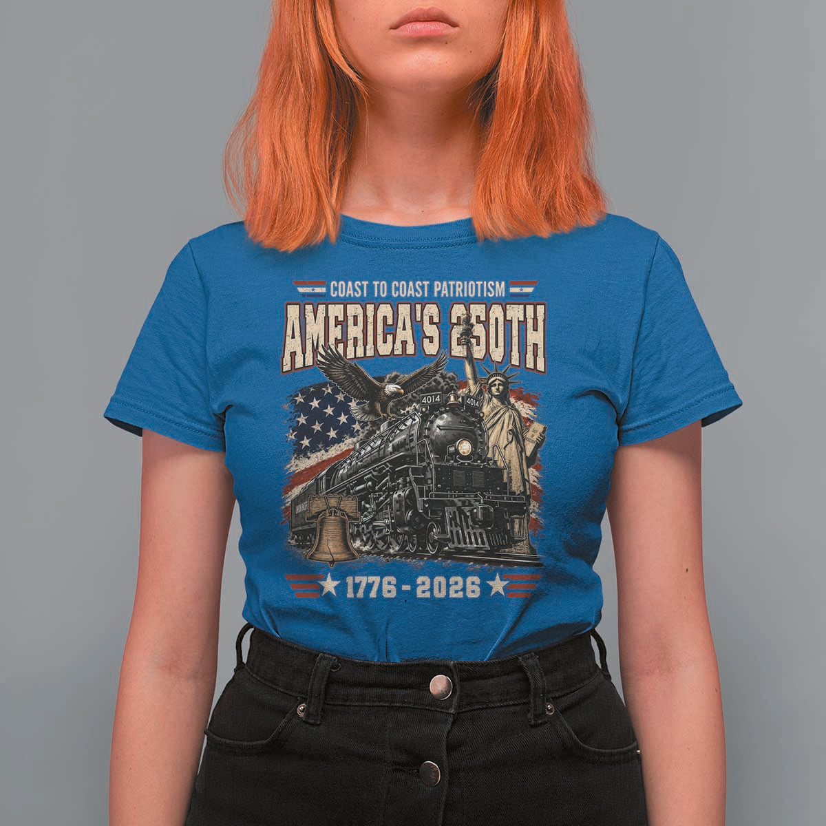 Steam Locomotive Train USA 250th Anniversary T Shirt For Women Coast To Coast Patriotism Liberty American Flag