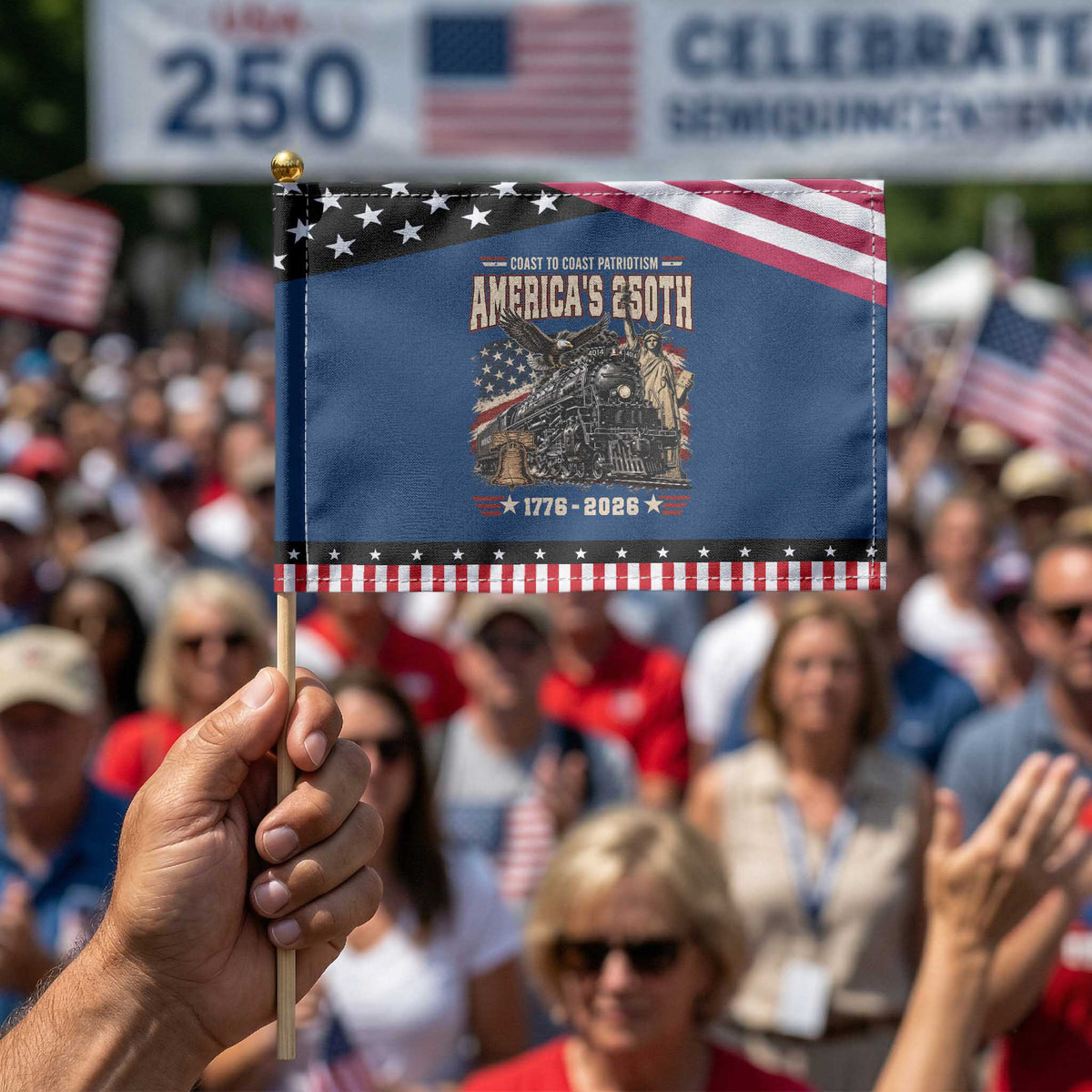 Steam Locomotive Train USA 250th Anniversary Patriotic Handheld Flag Coast To Coast Patriotism Liberty American Flag
