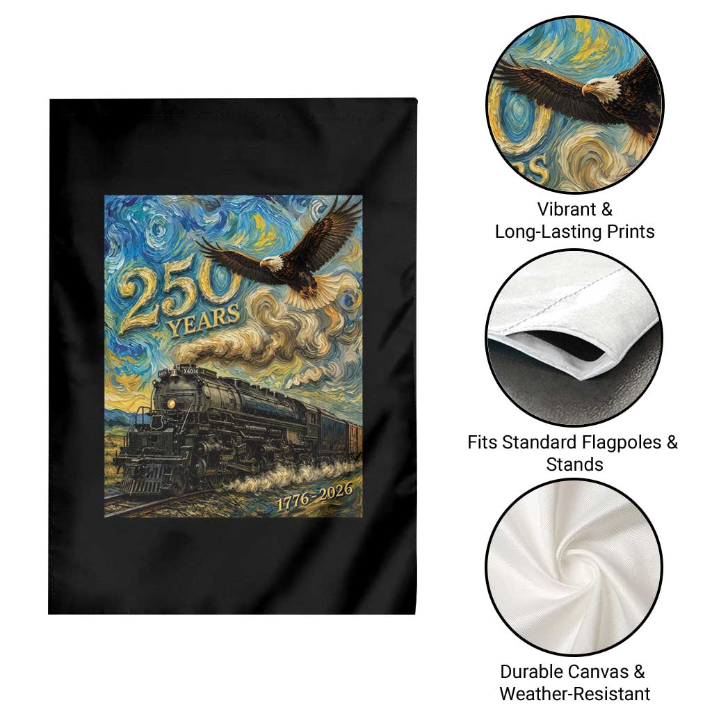 Train USA 250 Year Anniversary 1776 2026 Garden Flag Van Gogh Art Steam Locomotive Railroad Starry Night