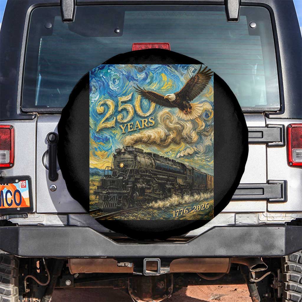 Train USA 250 Year Anniversary 1776 2026 Spare Tire Cover Van Gogh Art Steam Locomotive Railroad Starry Night