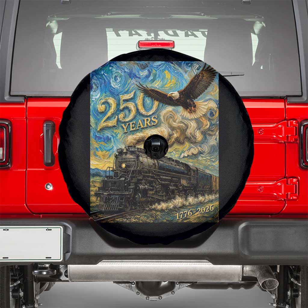 Train USA 250 Year Anniversary 1776 2026 Spare Tire Cover Van Gogh Art Steam Locomotive Railroad Starry Night