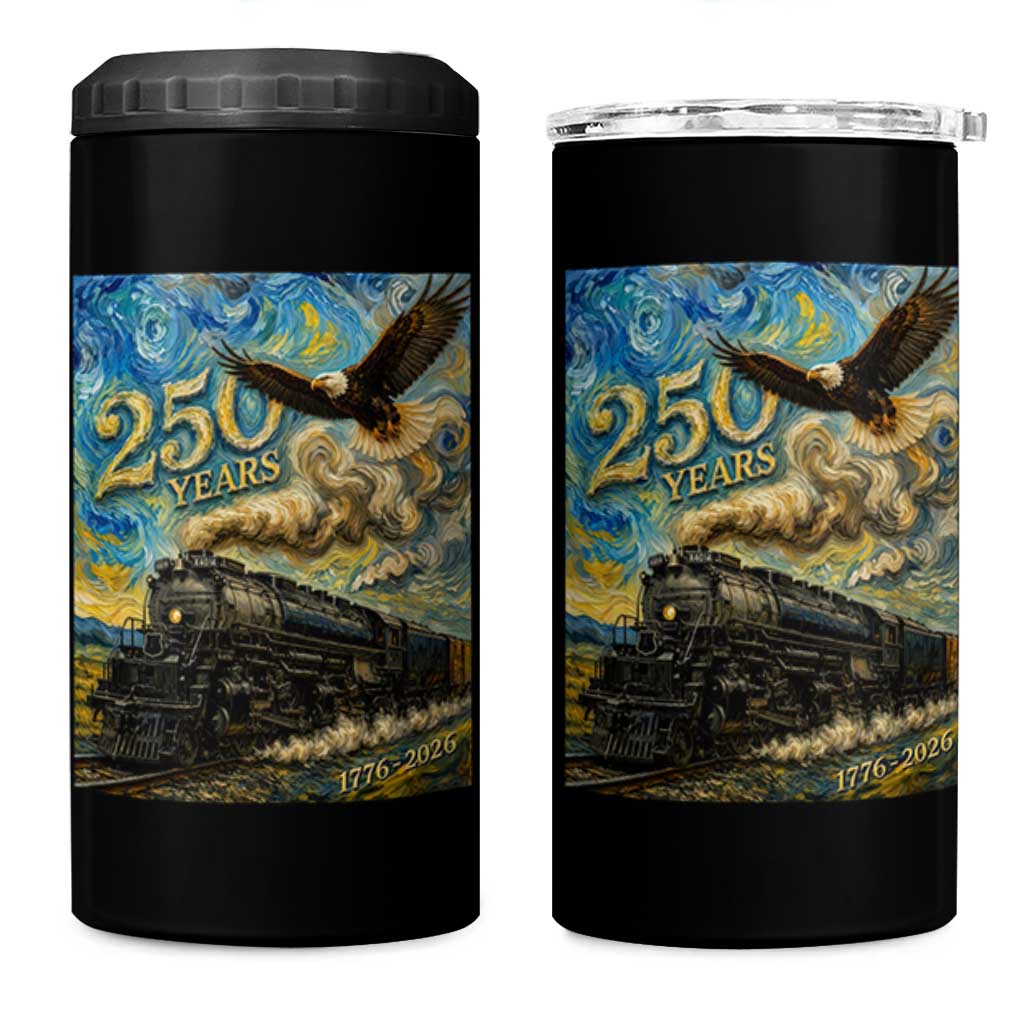 Train USA 250 Year Anniversary 1776 2026 4 in 1 Can Cooler Tumbler Van Gogh Art Steam Locomotive Railroad Starry Night