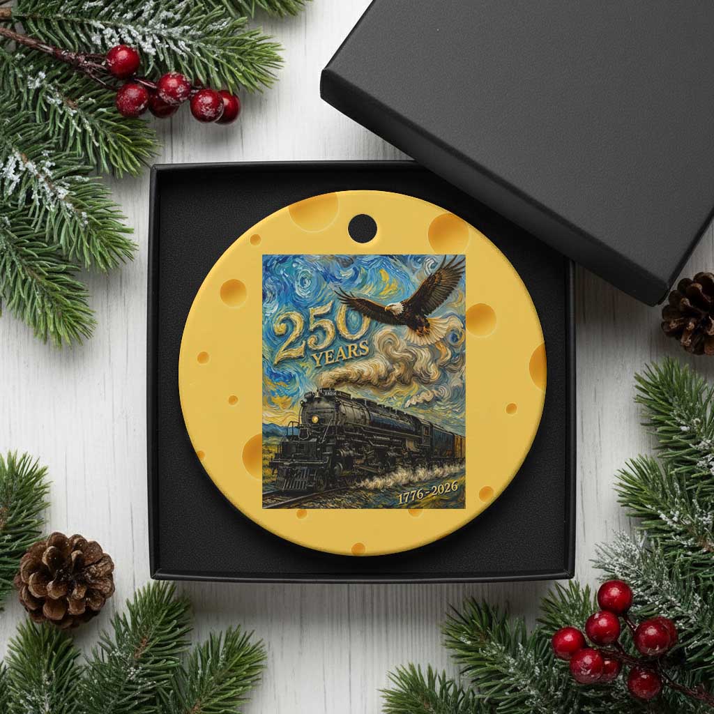 Train USA 250 Year Anniversary 1776 2026 Ceramic Ornament Van Gogh Art Steam Locomotive Railroad Starry Night