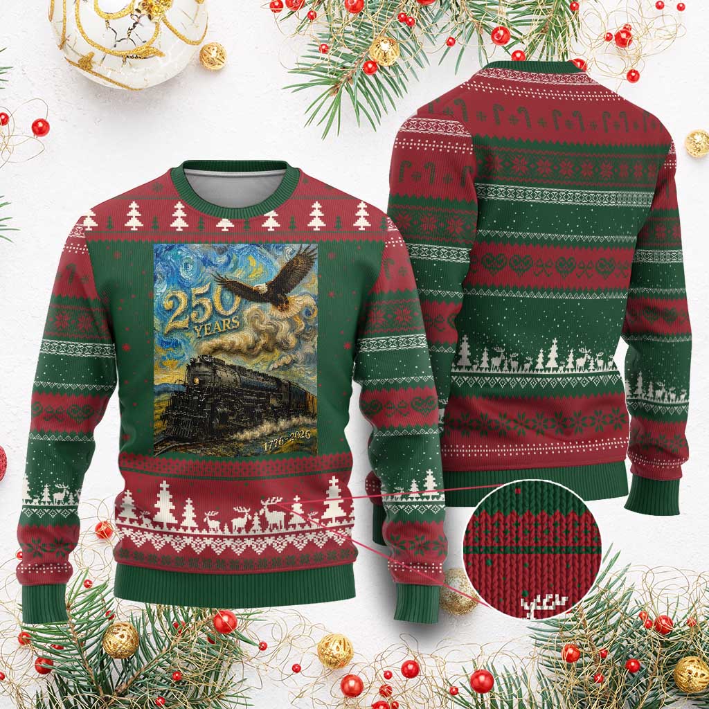 Train USA 250 Year Anniversary 1776 2026 Ugly Christmas Sweater Van Gogh Art Steam Locomotive Railroad Starry Night