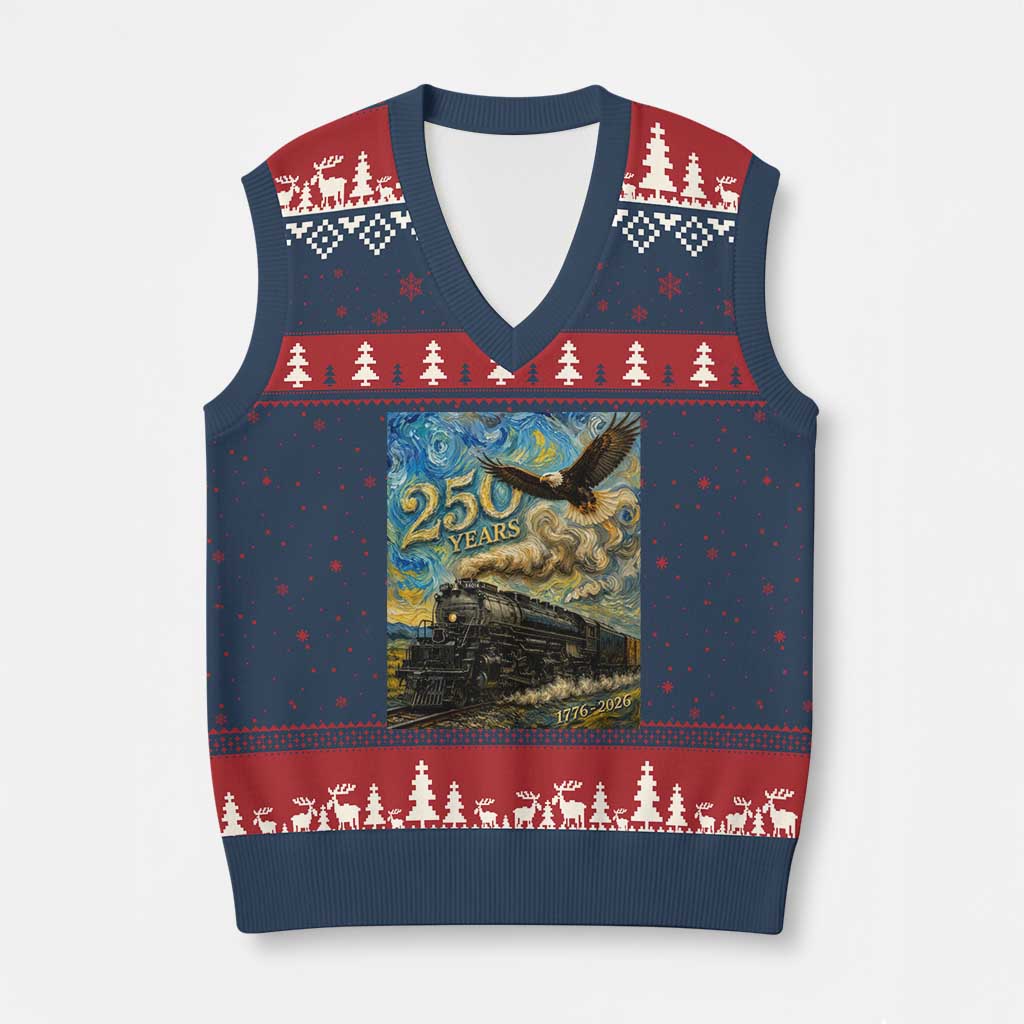 Train USA 250 Year Anniversary 1776 2026 V-Neck Knit Sweater Vest Van Gogh Art Steam Locomotive Railroad Starry Night