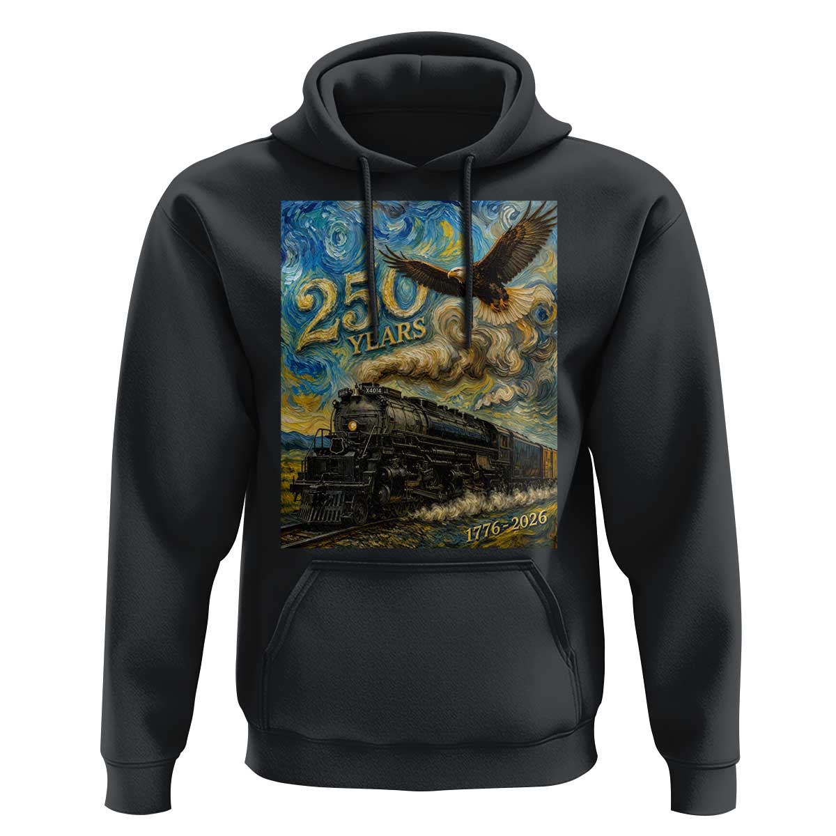 Train USA 250 Year Anniversary 1776 2026 Hoodie Van Gogh Art Steam Locomotive Railroad Starry Night