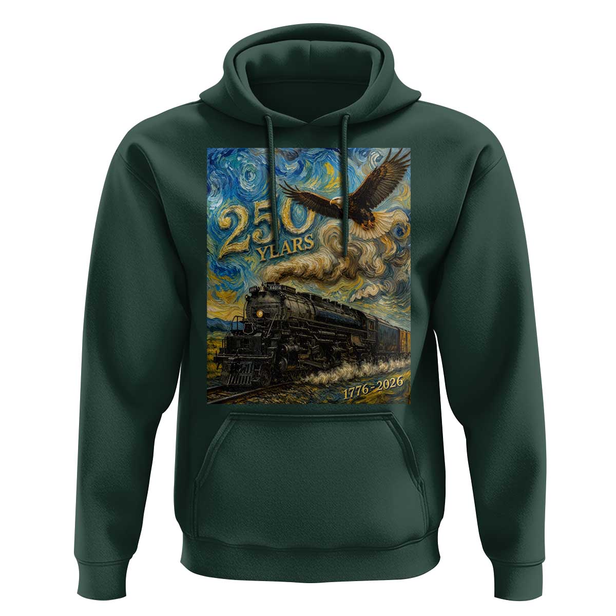Train USA 250 Year Anniversary 1776 2026 Hoodie Van Gogh Art Steam Locomotive Railroad Starry Night