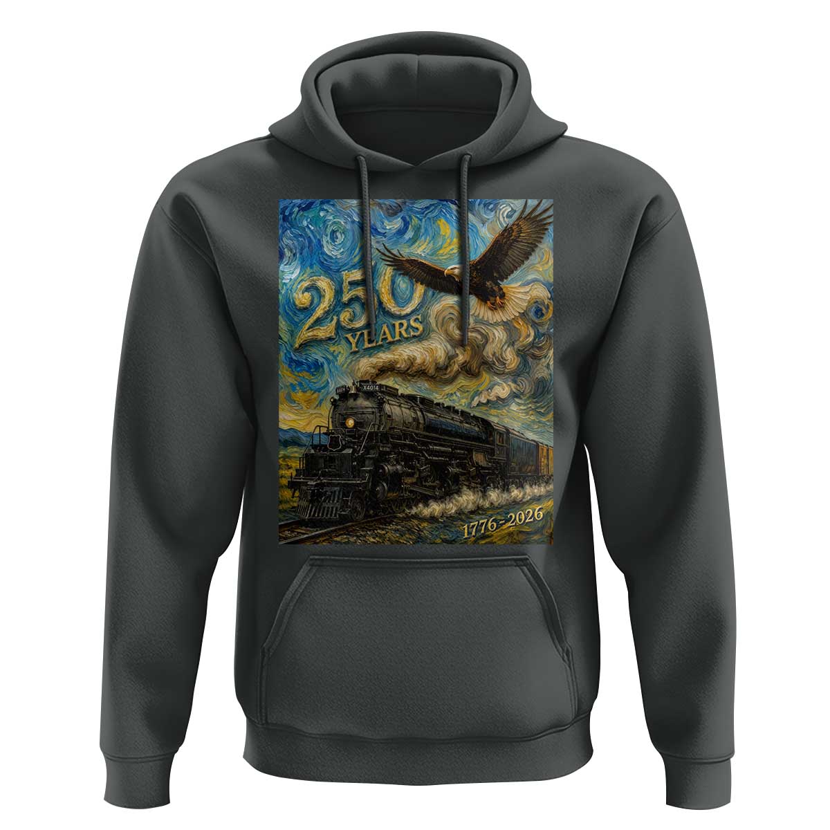 Train USA 250 Year Anniversary 1776 2026 Hoodie Van Gogh Art Steam Locomotive Railroad Starry Night