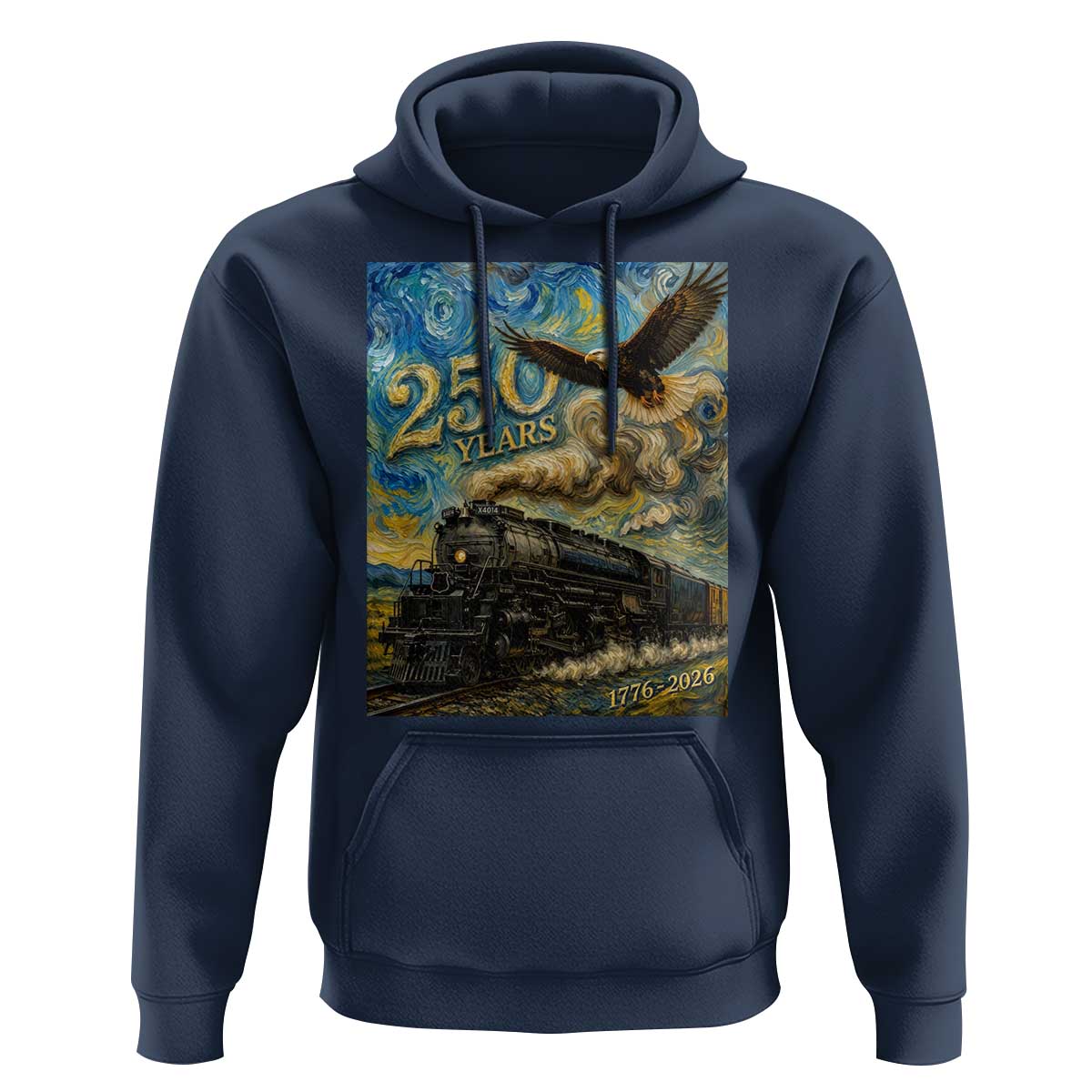 Train USA 250 Year Anniversary 1776 2026 Hoodie Van Gogh Art Steam Locomotive Railroad Starry Night